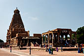 The great Chola temples of Tamil Nadu - The Brihadishwara Temple of Thanjavur. The main temple, in front an open pavilion shelters a huge monolithic Nandi.  